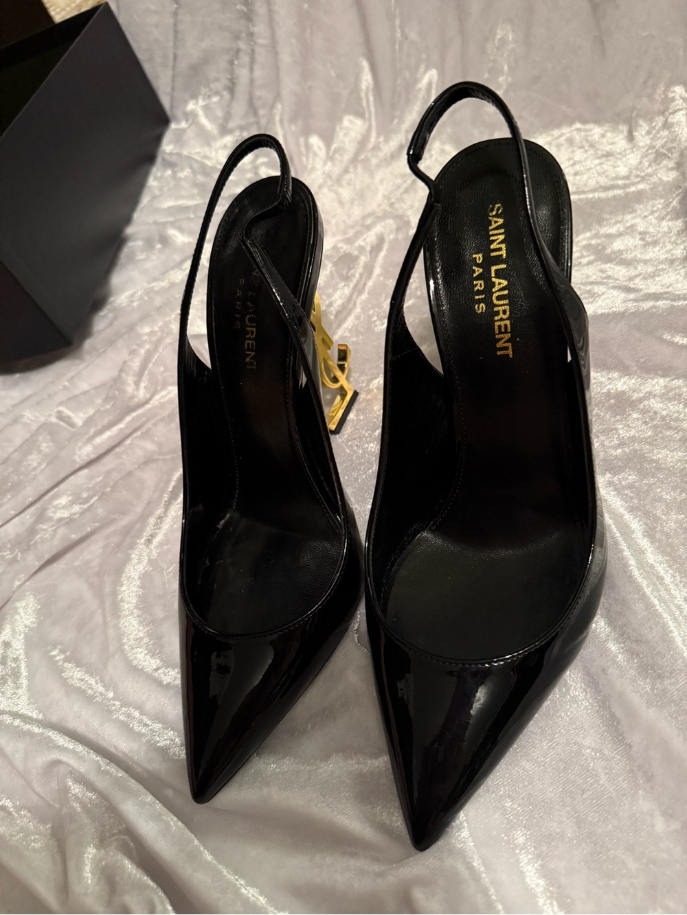 Saint Laurent Black Patent Opyum Slingback Heels with Gold Logo Heel - Picture 5 of 13